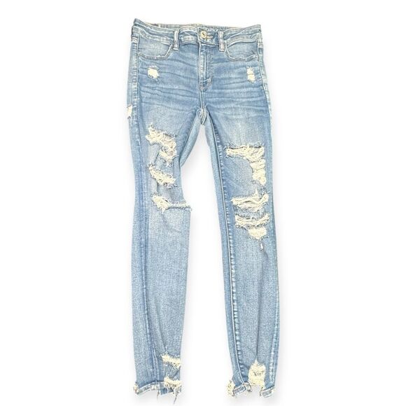 AMERICAN EAGLE Women’s Light Wash Distressed NE(X)T Level Stretch Hi-Rise Jeggin - Picture 1 of 6